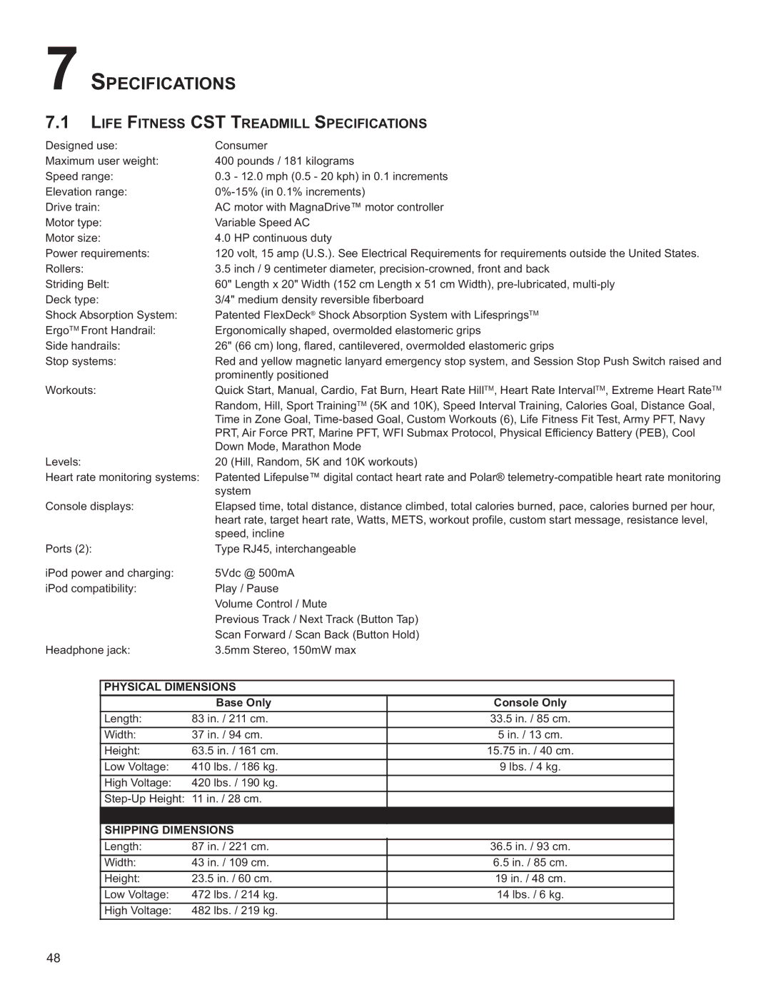 Life Fitness M051-00K60-B098 operation manual Life Fitness CST Treadmill Specifications 