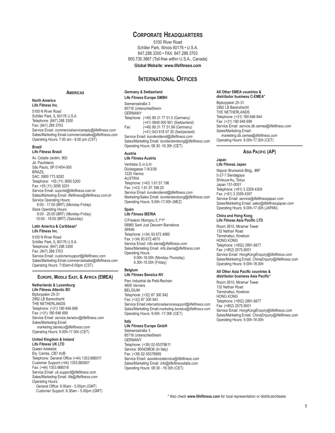 Life Fitness M051-00K61-A132 operation manual Corporate Headquarters, International Offices 