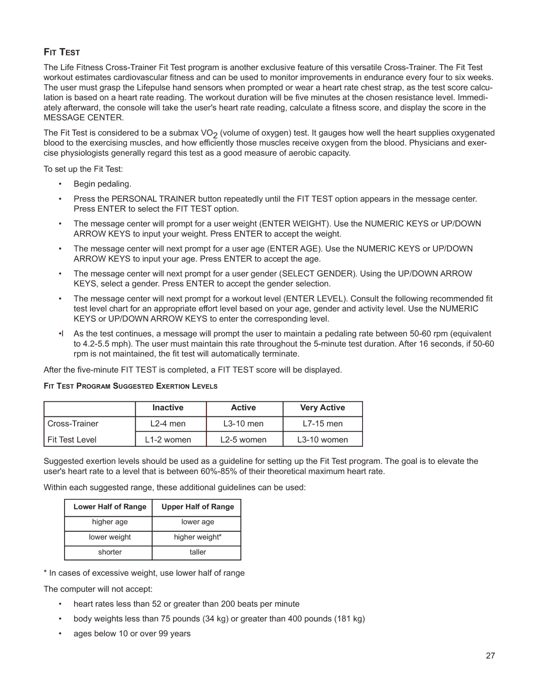 Life Fitness M051-00K61-A132 operation manual Inactive Active Very Active 