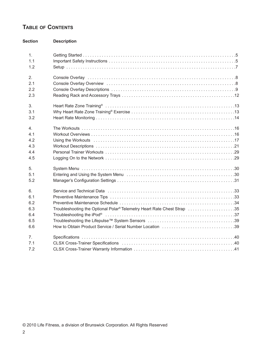 Life Fitness M051-00K61-A132 operation manual Table of Contents 