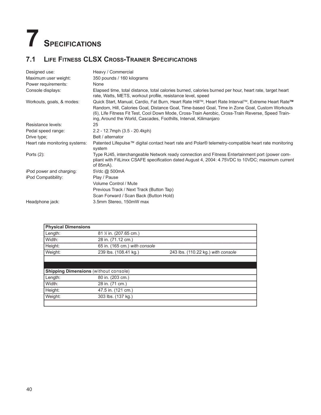 Life Fitness M051-00K61-A132 operation manual Life Fitness Clsx CROSS-TRAINER Specifications 