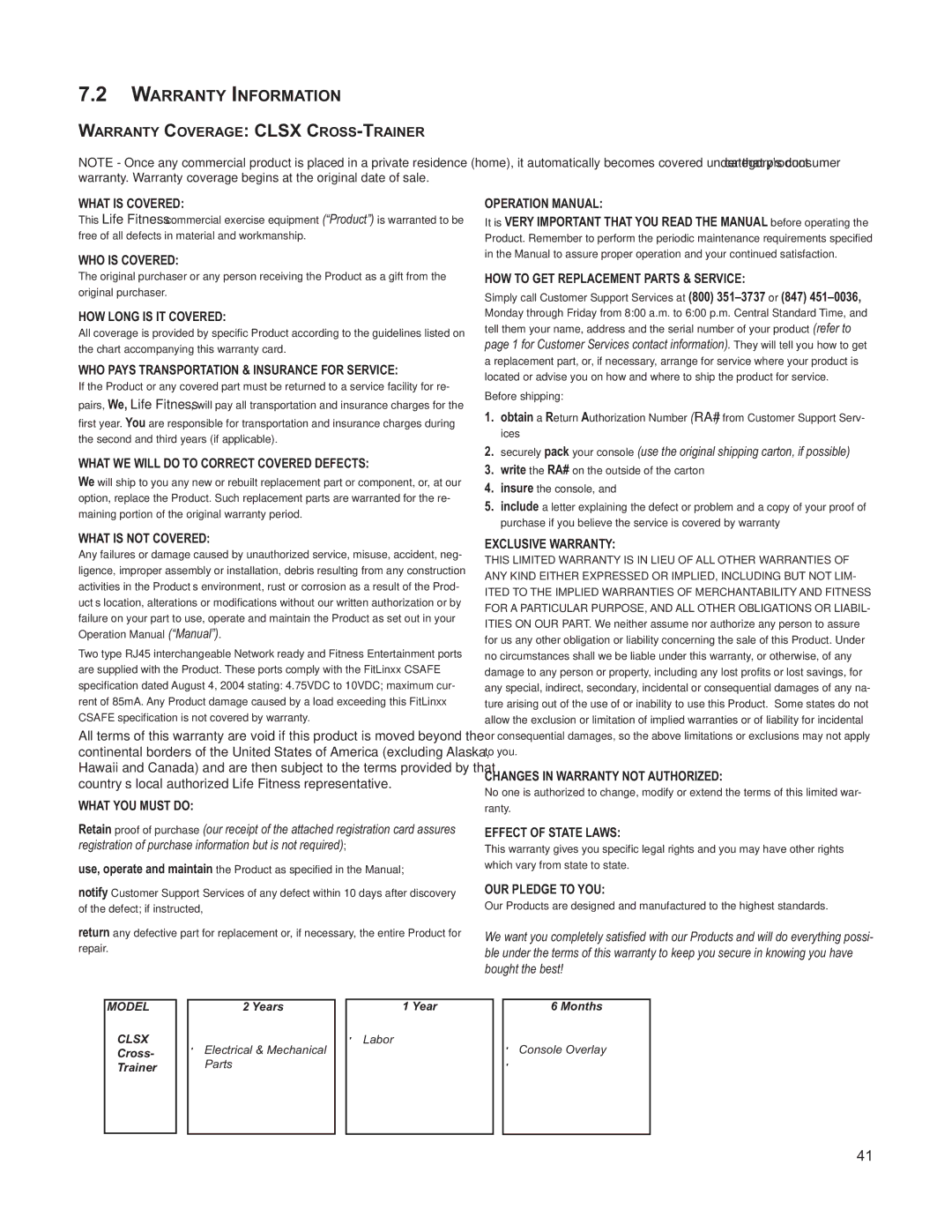 Life Fitness M051-00K61-A132 operation manual Warranty Information, Warranty Coverage Clsx CROSS-TRAINER What is Covered 