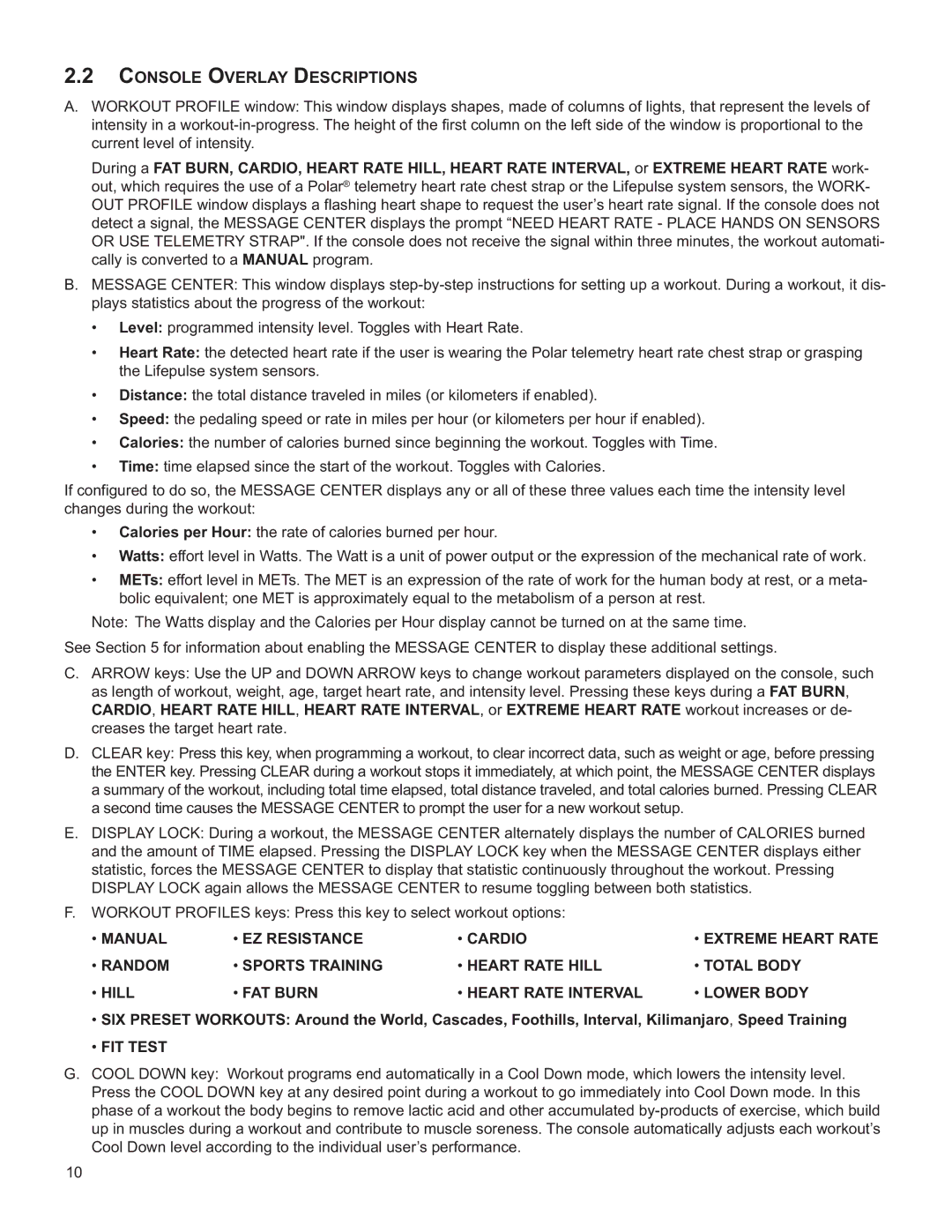 Life Fitness M051-00K61-A137 operation manual Console Overlay Descriptions, FIT Test 