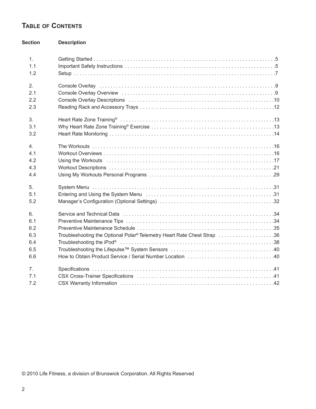 Life Fitness M051-00K61-A137 operation manual Table of Contents 