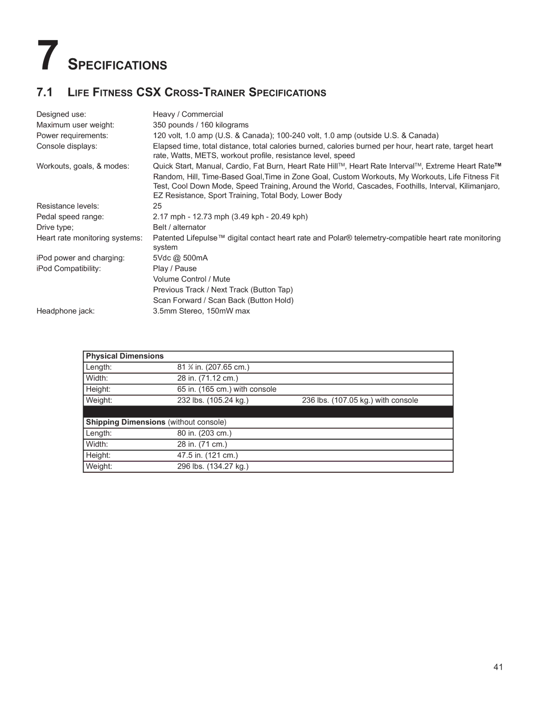 Life Fitness M051-00K61-A137 operation manual Life Fitness CSX CROSS-TRAINER Specifications 