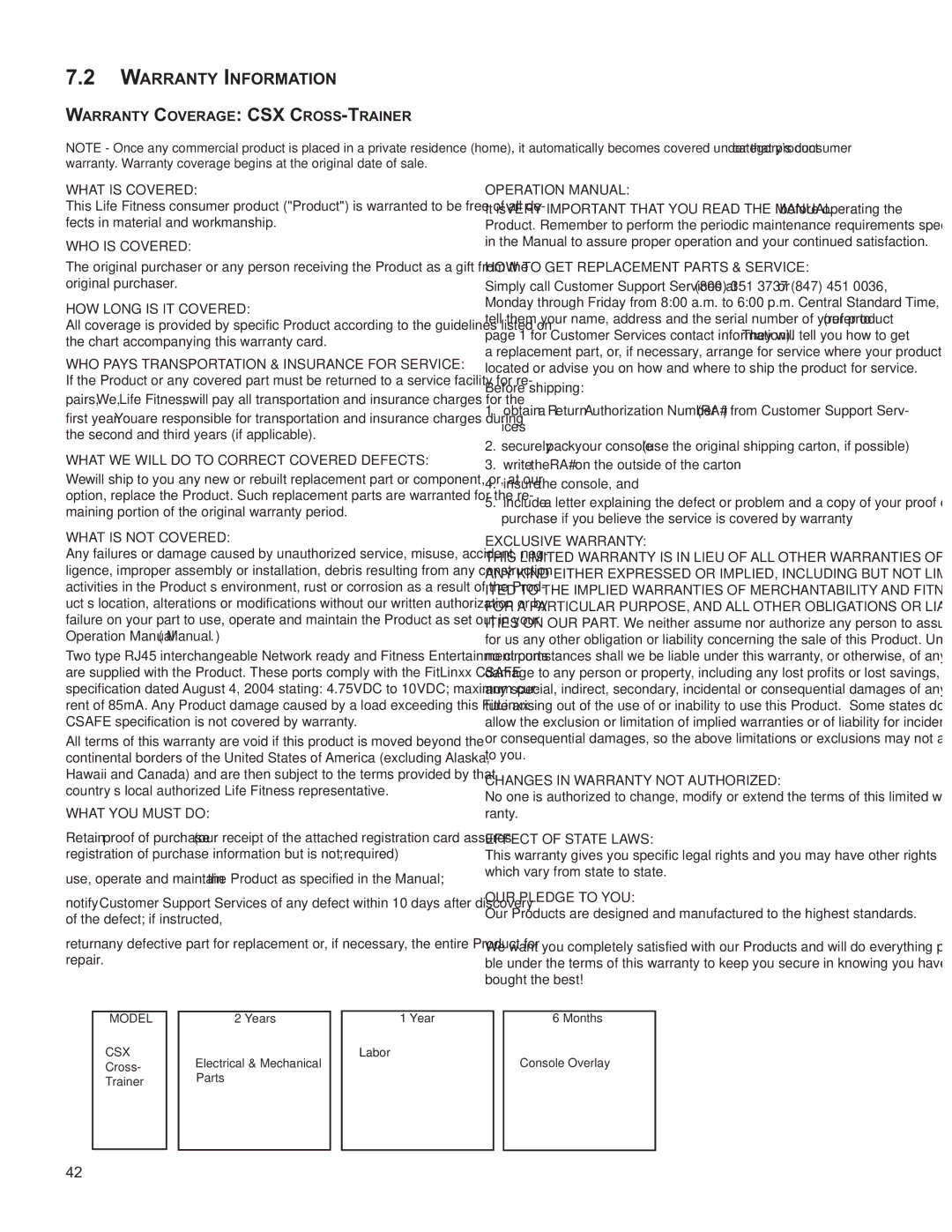 Life Fitness M051-00K61-A137 operation manual Warranty Information, Warranty Coverage CSX CROSS-TRAINER What is Covered 