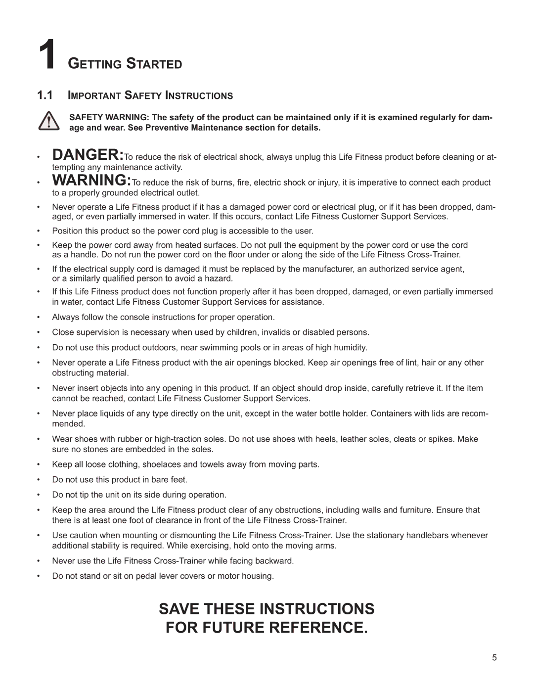 Life Fitness M051-00K61-A137 operation manual Getting Started, Important Safety Instructions 