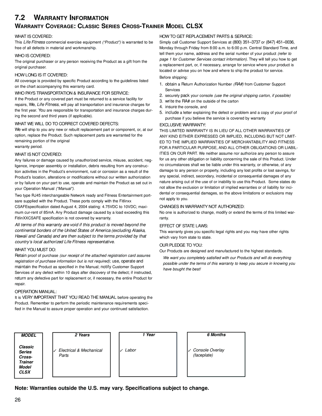 Life Fitness M051-00K61-B123 operation manual Warranty Information 