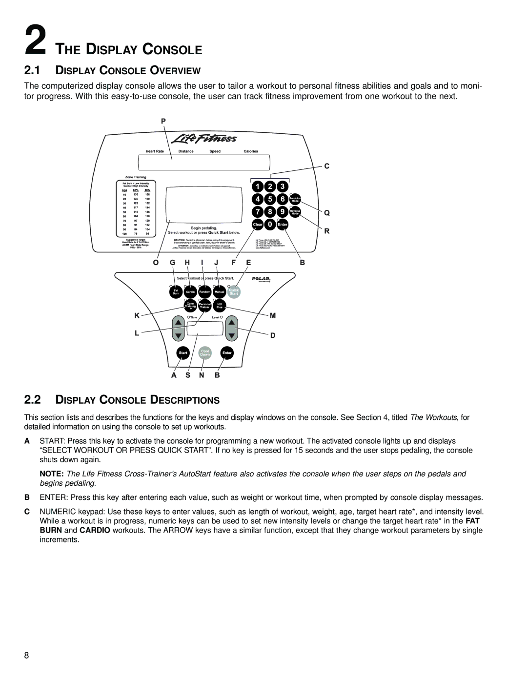 Life Fitness M051-00K61-B123 operation manual Display Console Overview, Display Console Descriptions 