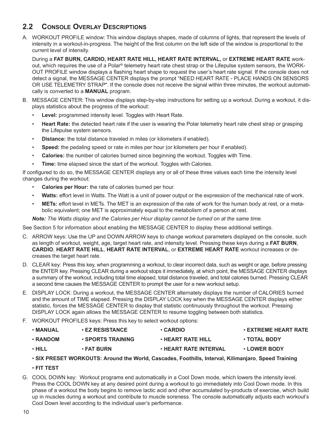 Life Fitness M051-00K61-B137 operation manual Console Overlay Descriptions, FIT Test 