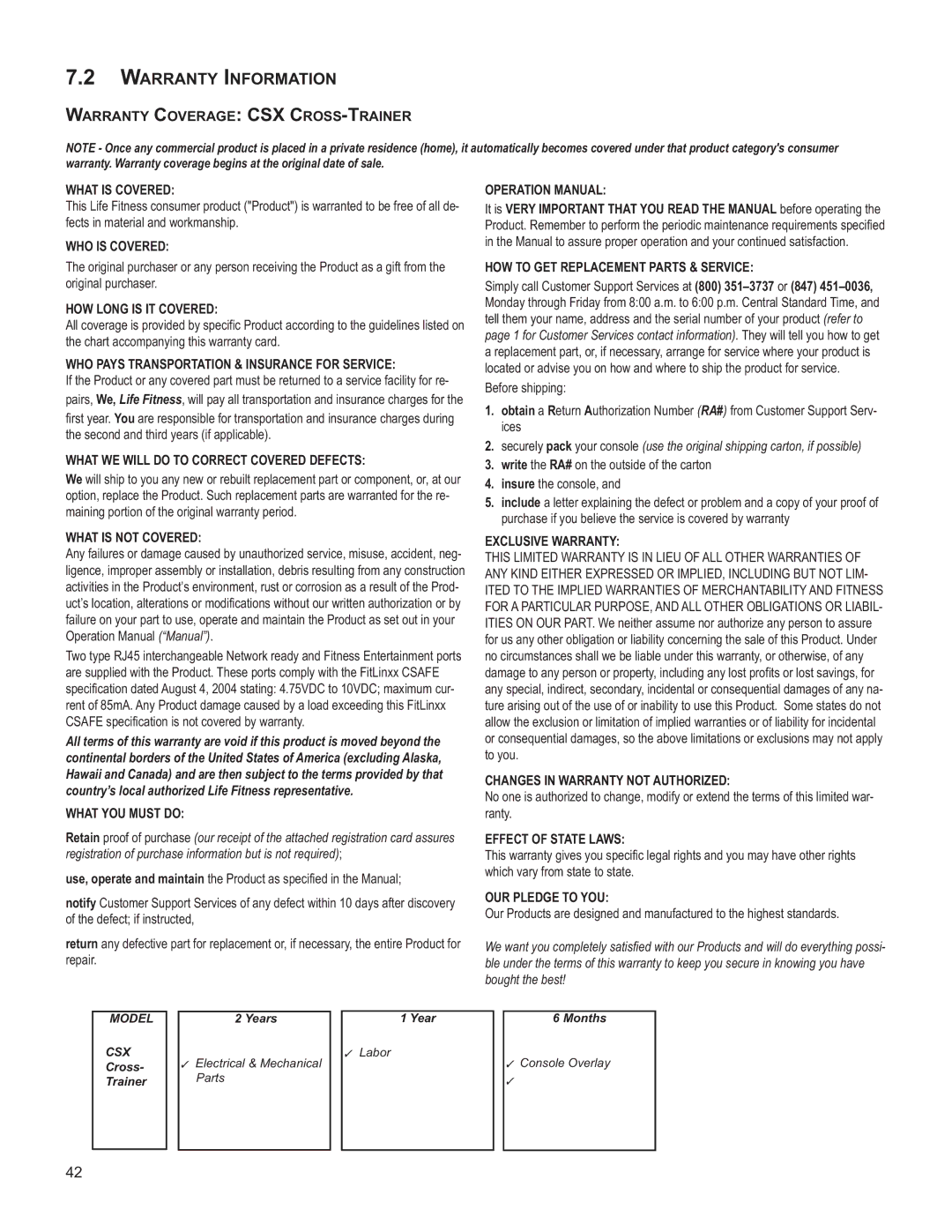 Life Fitness M051-00K61-B137 operation manual Warranty Information, Warranty Coverage CSX CROSS-TRAINER What is Covered 