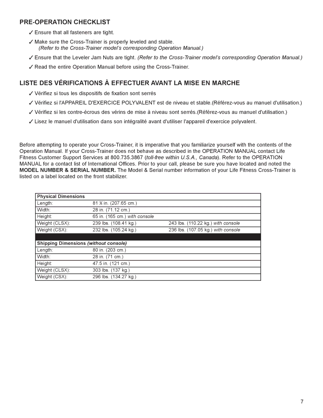 Life Fitness M051-00K61-C131 manual PRE-OPERATION Checklist, Liste DES Vérifications À Effectuer Avant LA Mise EN Marche 