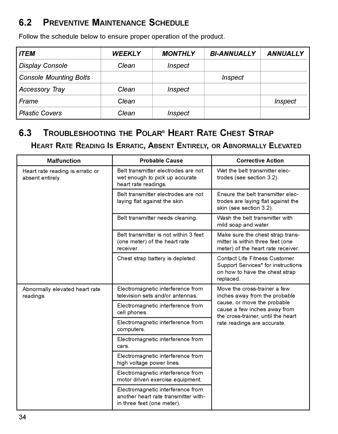 Life Fitness M051-00K62-A107 Preventive Maintenance Schedule, Troubleshooting the Polar Heart Rate Chest Strap 