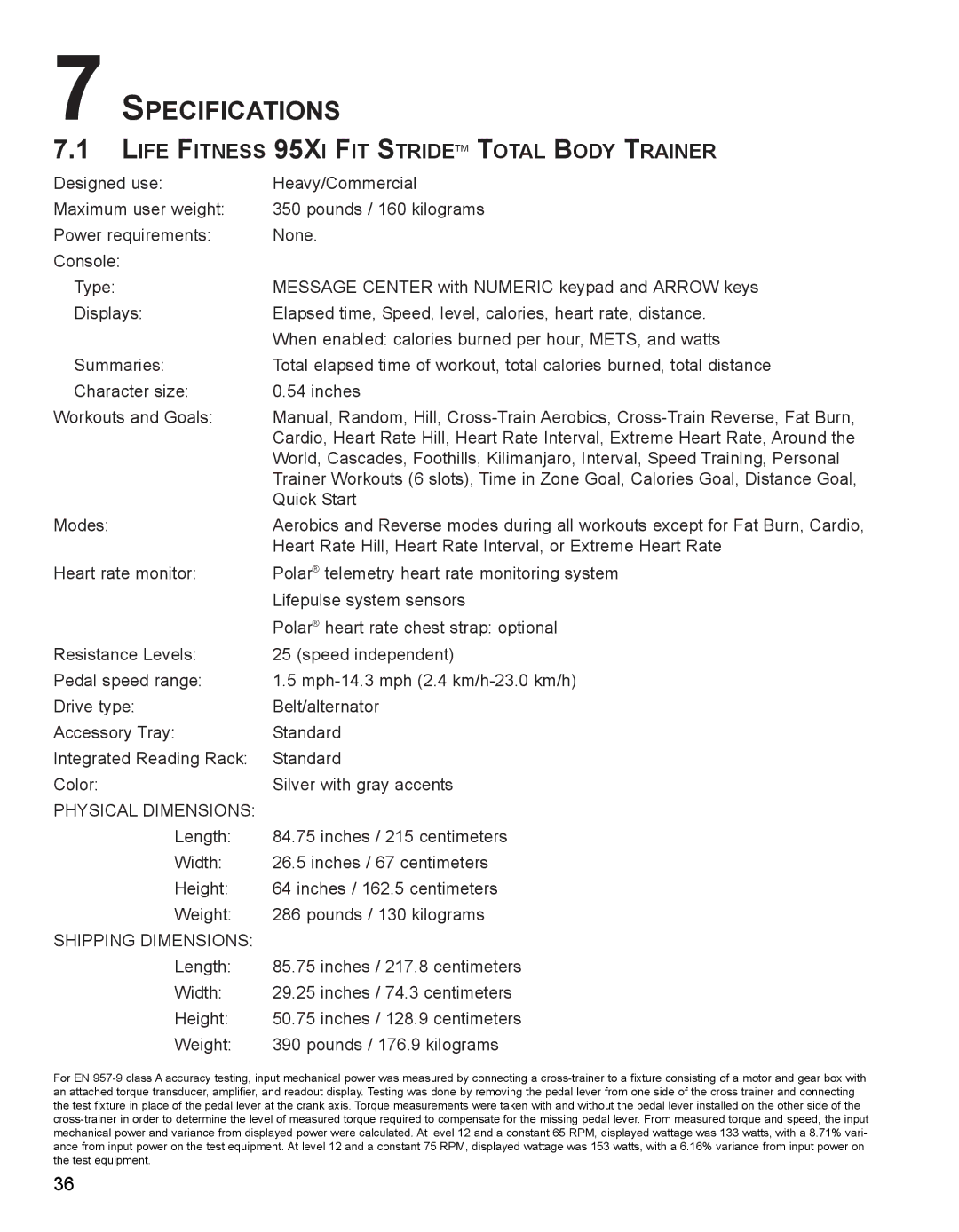 Life Fitness M051-00K62-A107 operation manual Specifications, Life Fitness 95XI FIT Stridetm Total Body Trainer 