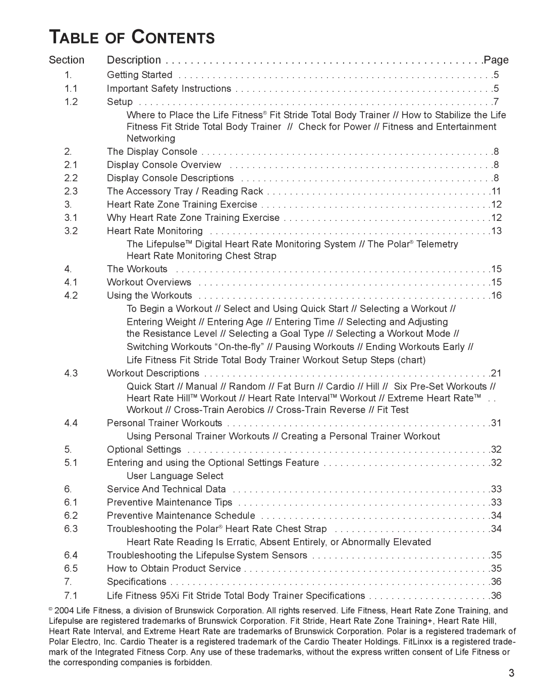 Life Fitness M051-00K62-A107 operation manual Table of Contents 