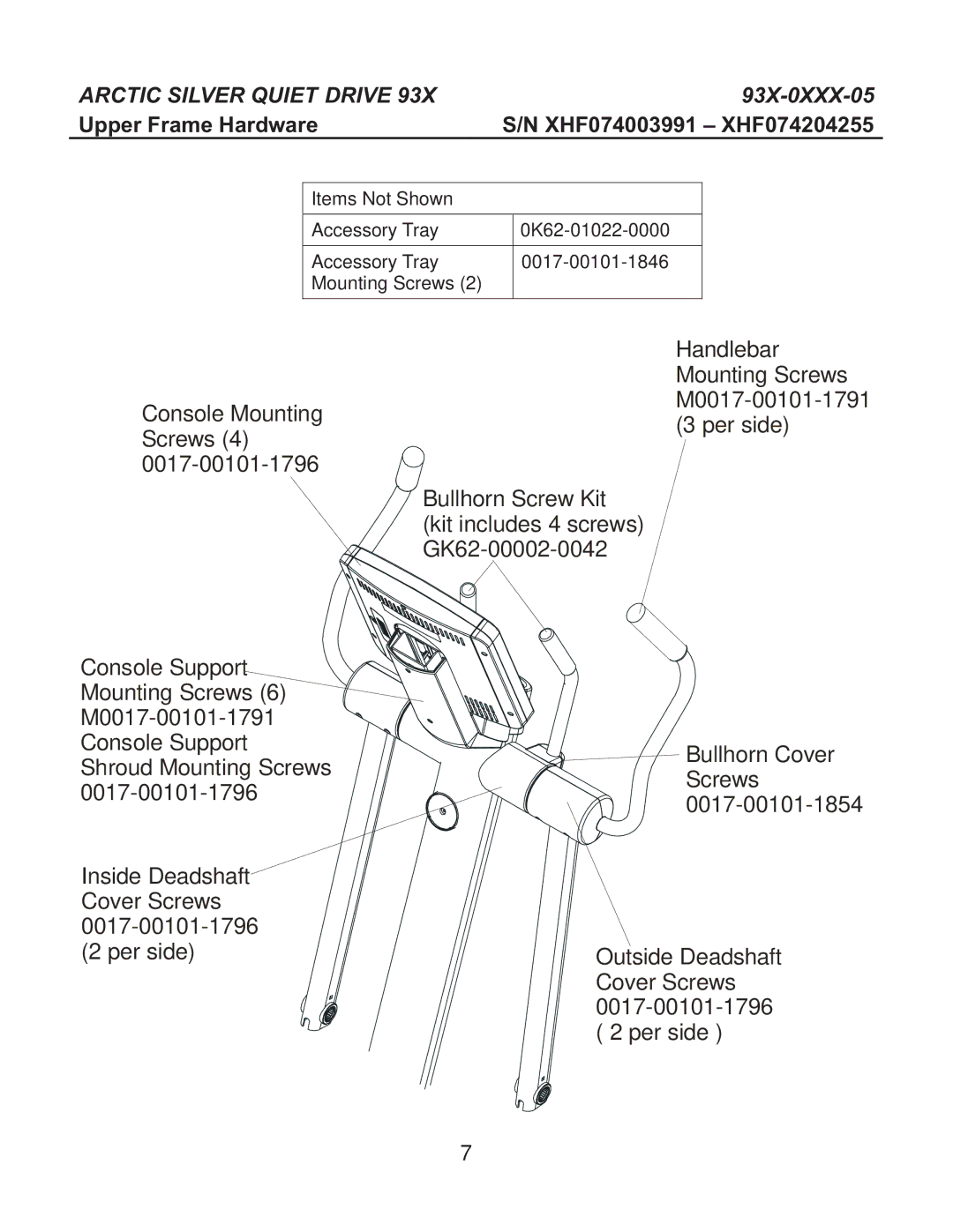 Life Fitness M051-00K62-A181, M051-00K62-A184, M051-00K62-A183, M051-00K62-A182 manual Upper Frame Hardware 