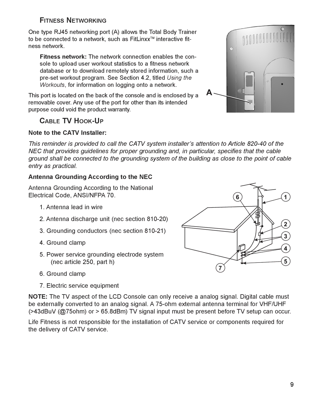 Life Fitness M051-00K62-B095 operation manual Fitness Networking, Cable TV HOOK-UP 