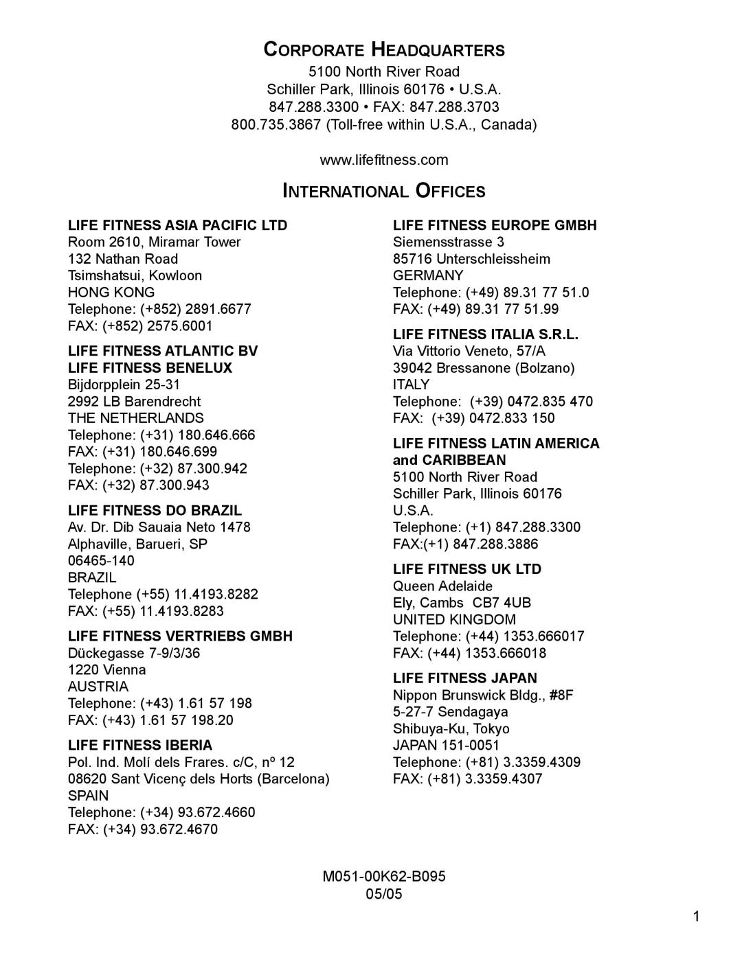 Life Fitness M051-00K62-B095 operation manual Corporate Headquarters, International Offices 