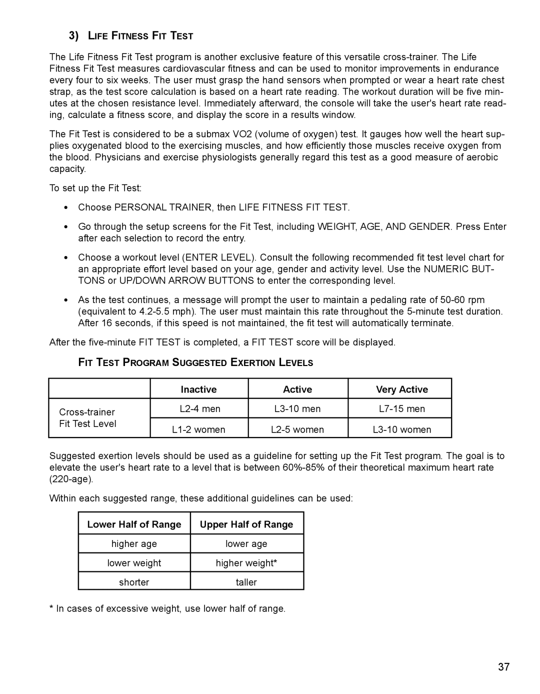 Life Fitness M051-00K62-B095 operation manual Inactive Active Very Active 