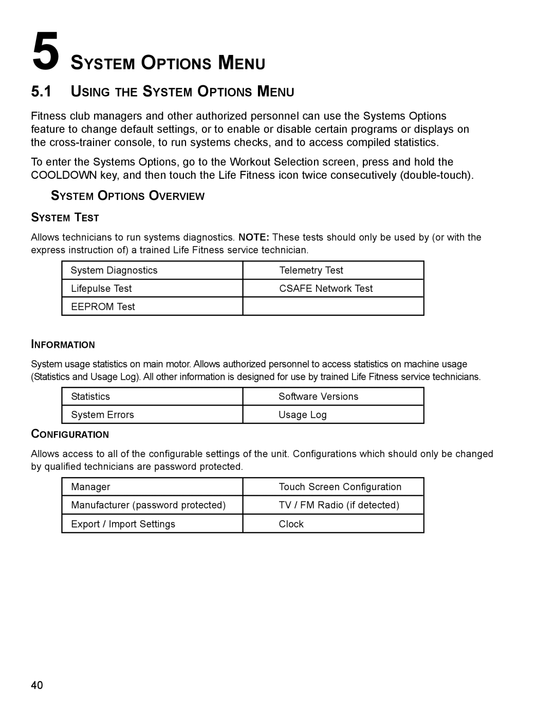 Life Fitness M051-00K62-B095 operation manual Using the System Options Menu, System Options Overview 