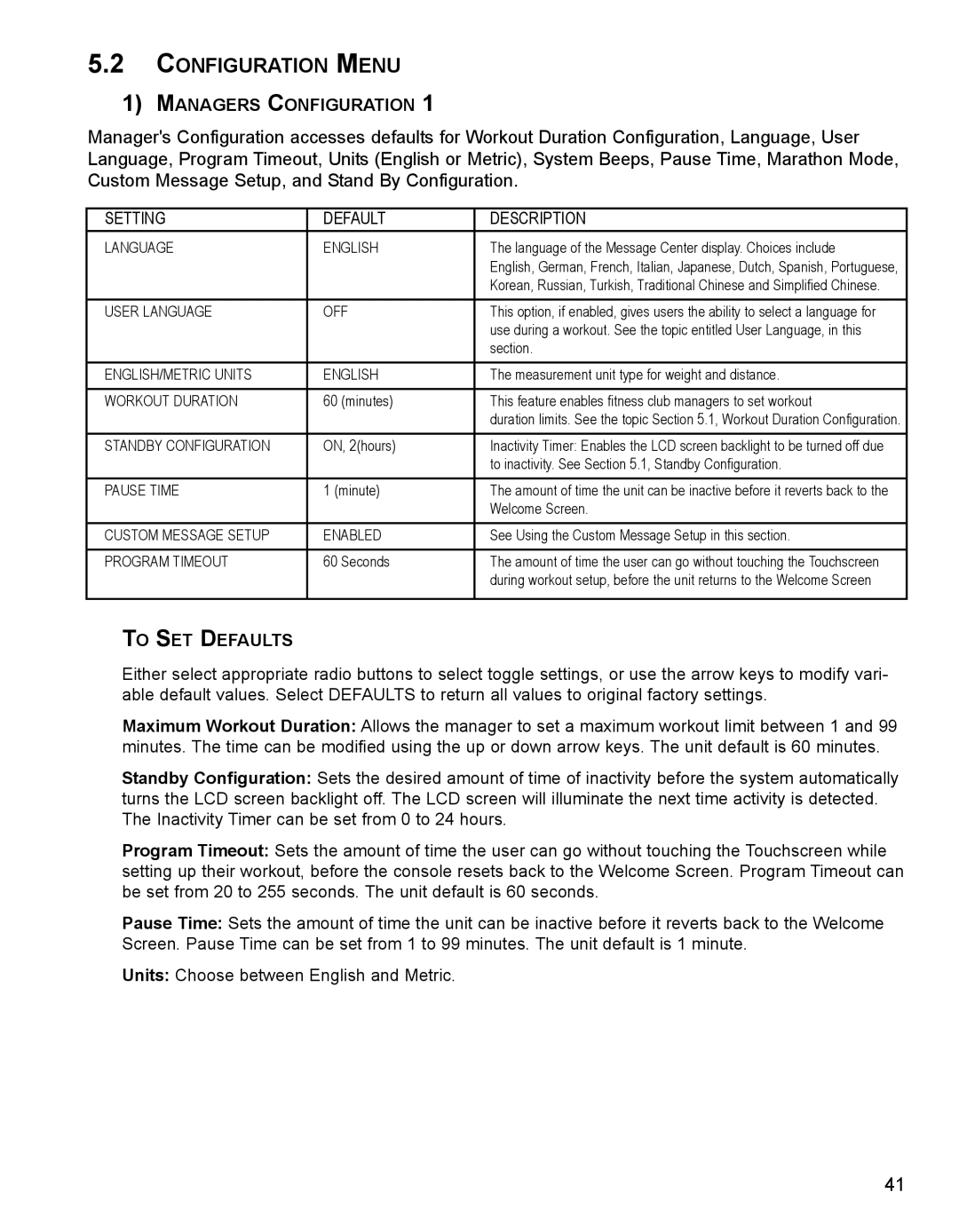 Life Fitness M051-00K62-B095 operation manual Configuration Menu, Managers Configuration, To SET Defaults 