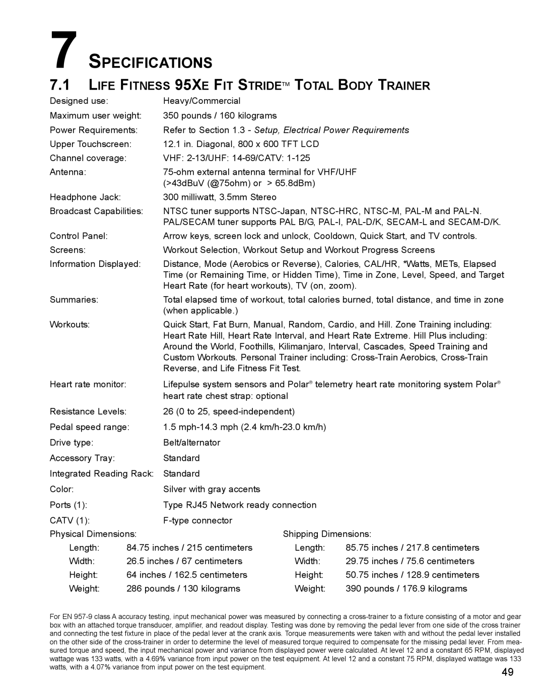 Life Fitness M051-00K62-B095 operation manual Specifications, Life Fitness 95XE FIT Stridetm Total Body Trainer 