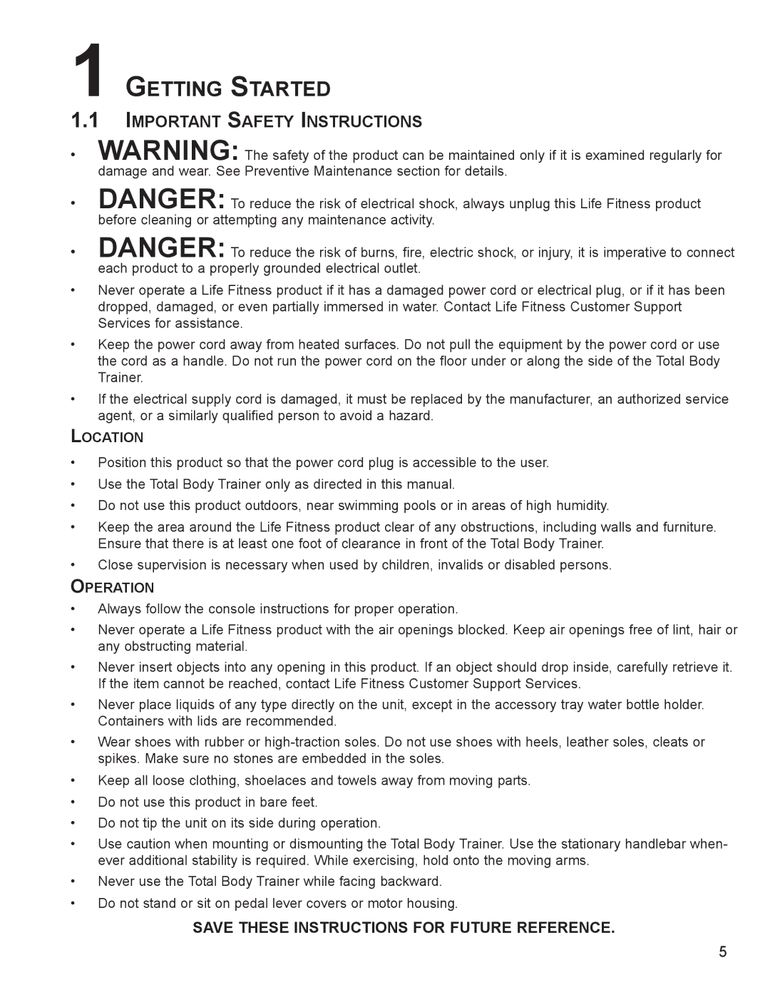 Life Fitness M051-00K62-B095 operation manual Getting Started, Important Safety Instructions, Location, Operation 