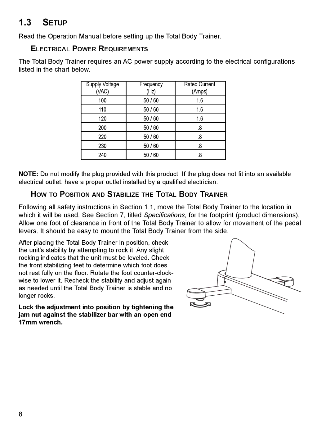 Life Fitness M051-00K62-B095 Setup, Electrical Power Requirements, HOW to Position and Stabilize the Total Body Trainer 