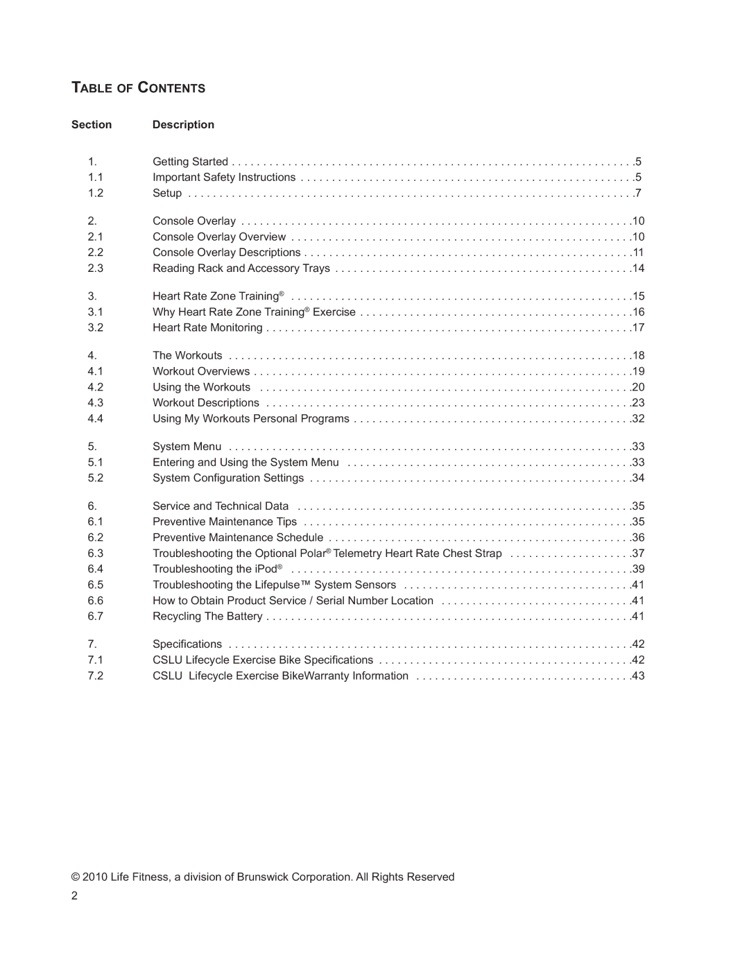 Life Fitness M051-00K63-A295 operation manual Table of Contents 