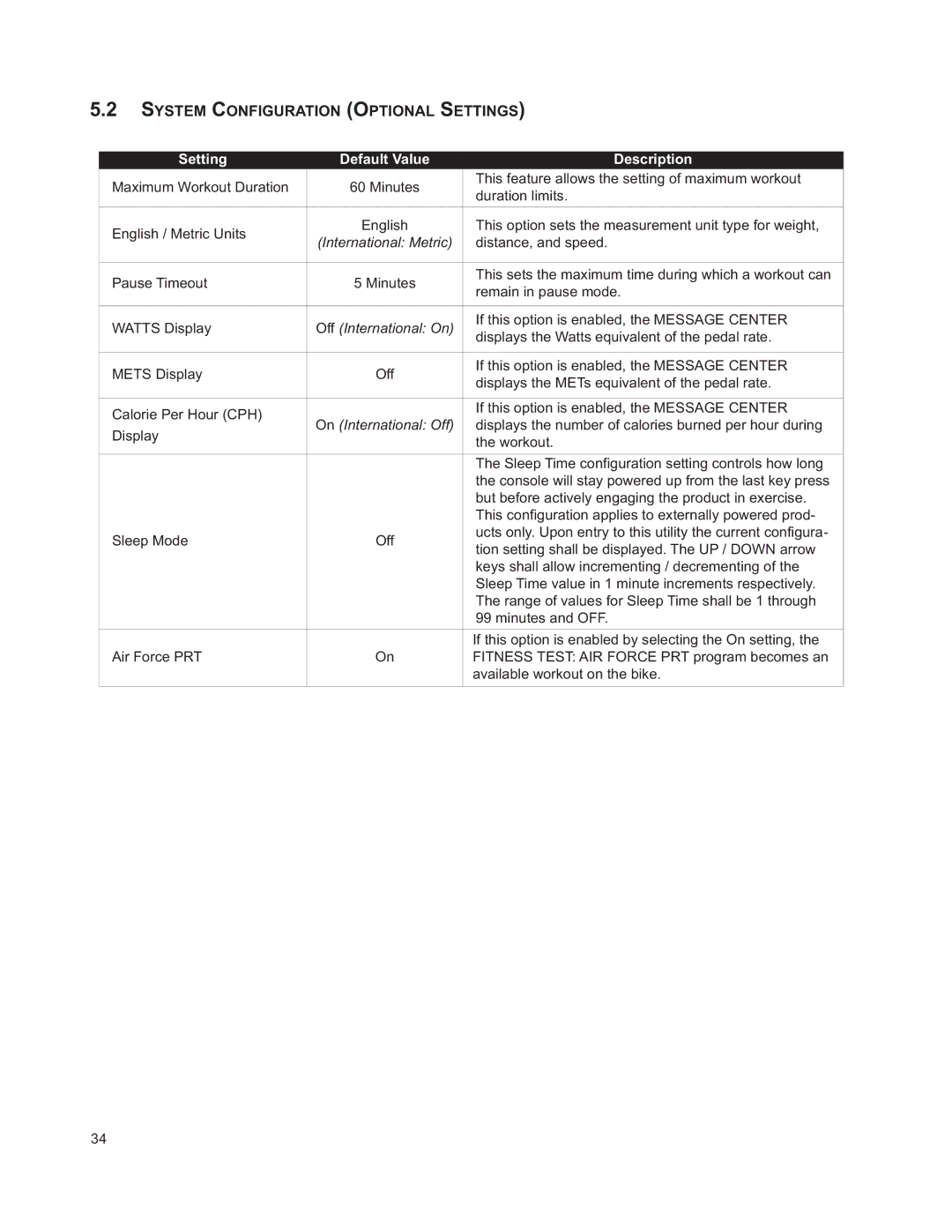 Life Fitness M051-00K63-A295 operation manual System Configuration Optional Settings, Setting Default Value Description 