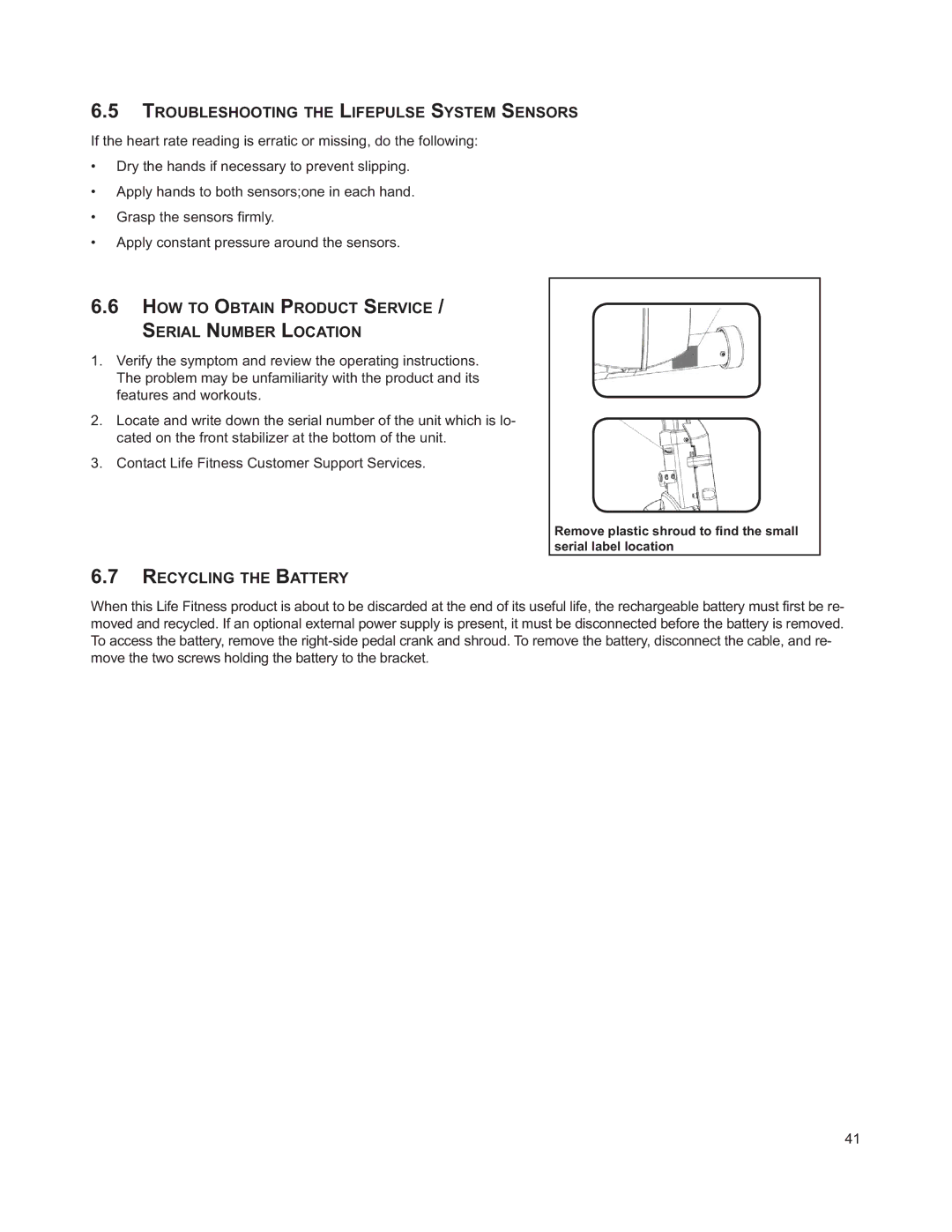 Life Fitness M051-00K63-A295 operation manual Troubleshooting the Lifepulse System Sensors, Recycling the Battery 