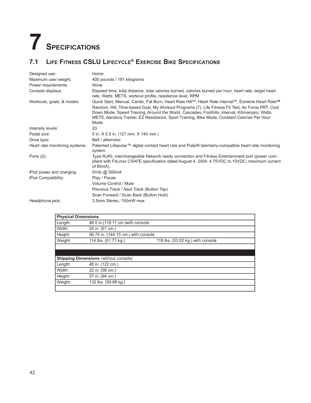 Life Fitness M051-00K63-A295 operation manual Life Fitness Cslu Lifecycle Exercise Bike Specifications 