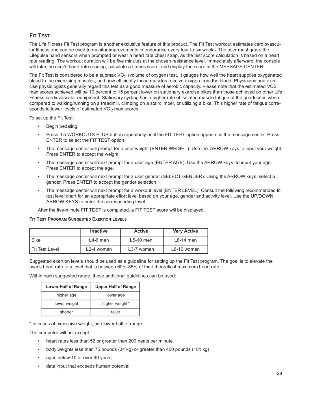 Life Fitness M051-00K63-A295 operation manual Inactive Active Very Active 