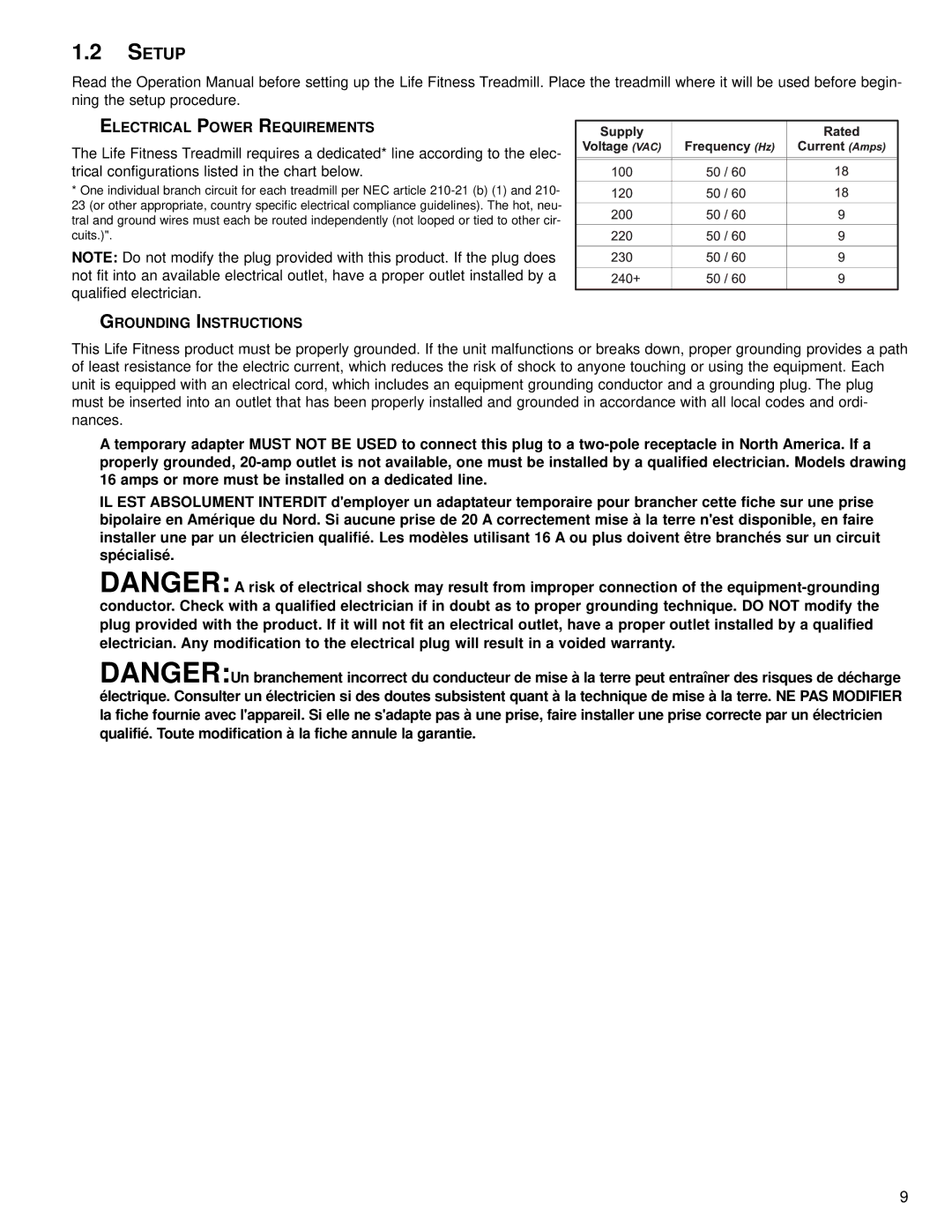 Life Fitness M051-00K65-A021 operation manual Setup, Electrical Power Requirements, Grounding Instructions 