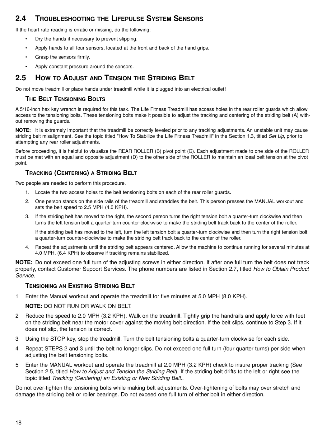 Life Fitness M051-00K65-A021 Troubleshooting the Lifepulse System Sensors, HOW to Adjust and Tension the Striding Belt 