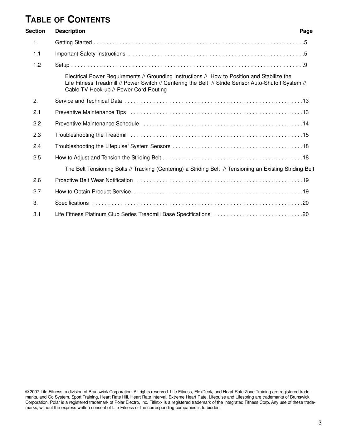 Life Fitness M051-00K65-A021 operation manual Table of Contents 