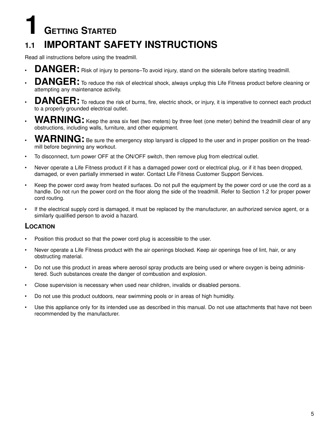 Life Fitness M051-00K65-A021 operation manual Important Safety Instructions, Location 