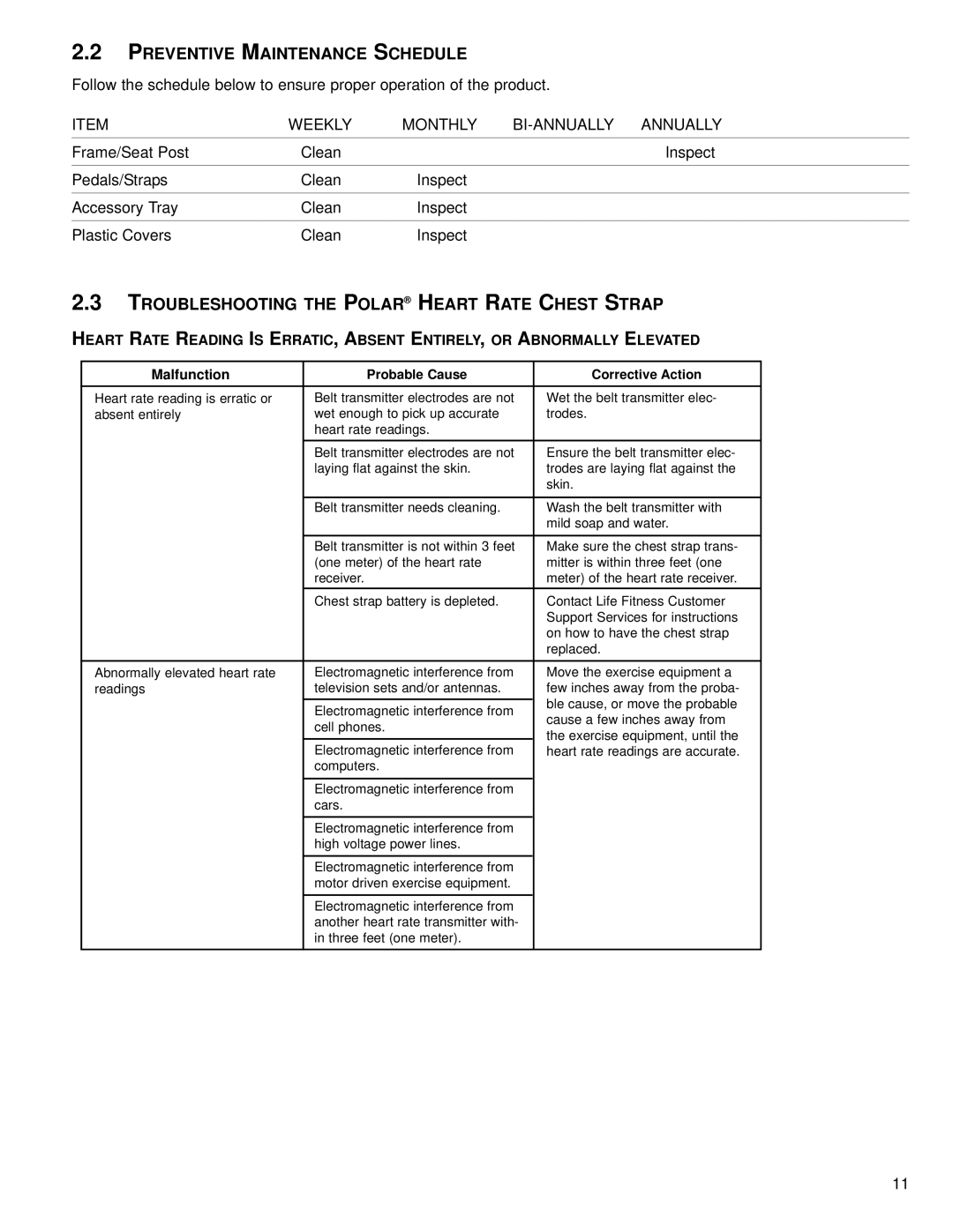 Life Fitness M051-00K67-A151 Preventive Maintenance Schedule, Troubleshooting the Polar Heart Rate Chest Strap 