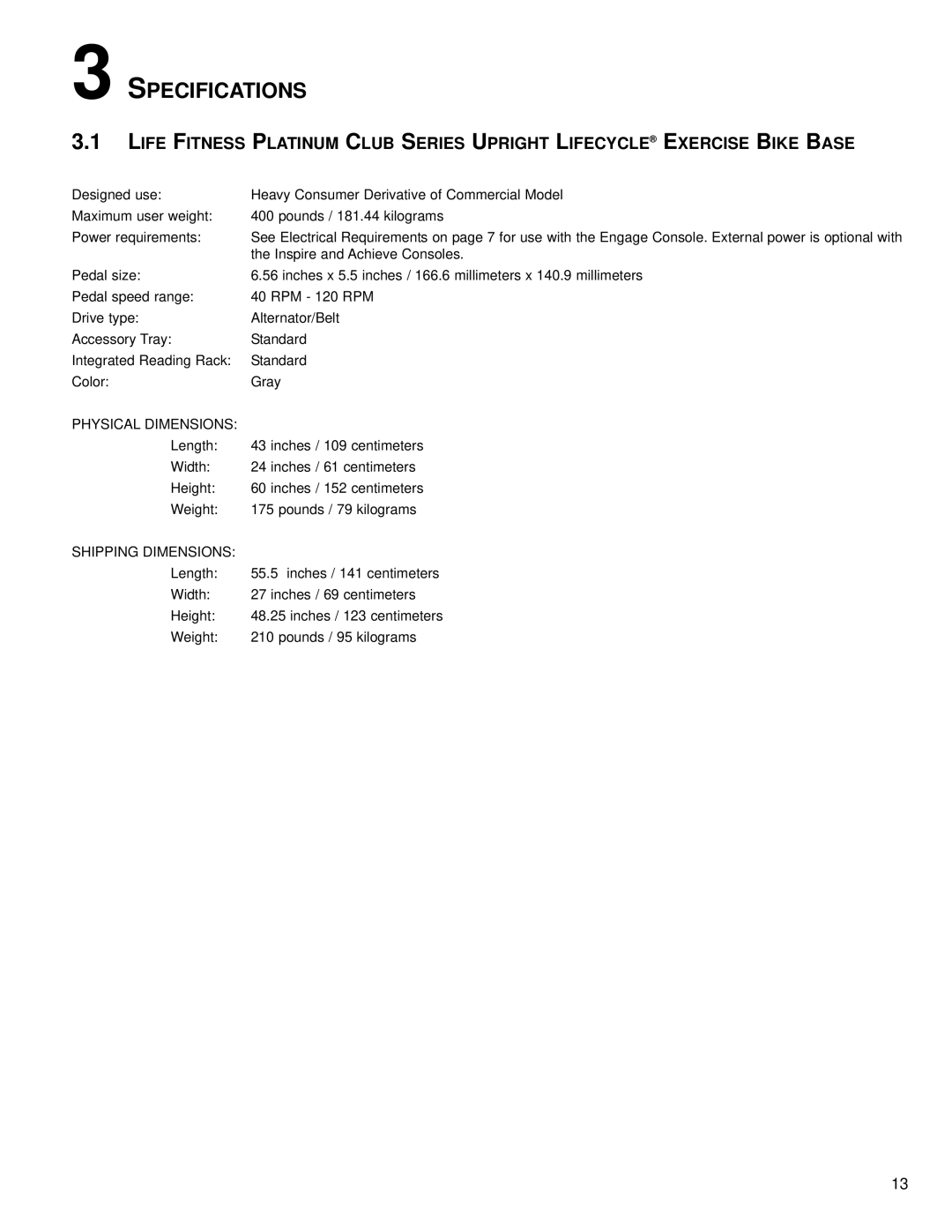 Life Fitness M051-00K67-A151 operation manual Specifications, Physical Dimensions 