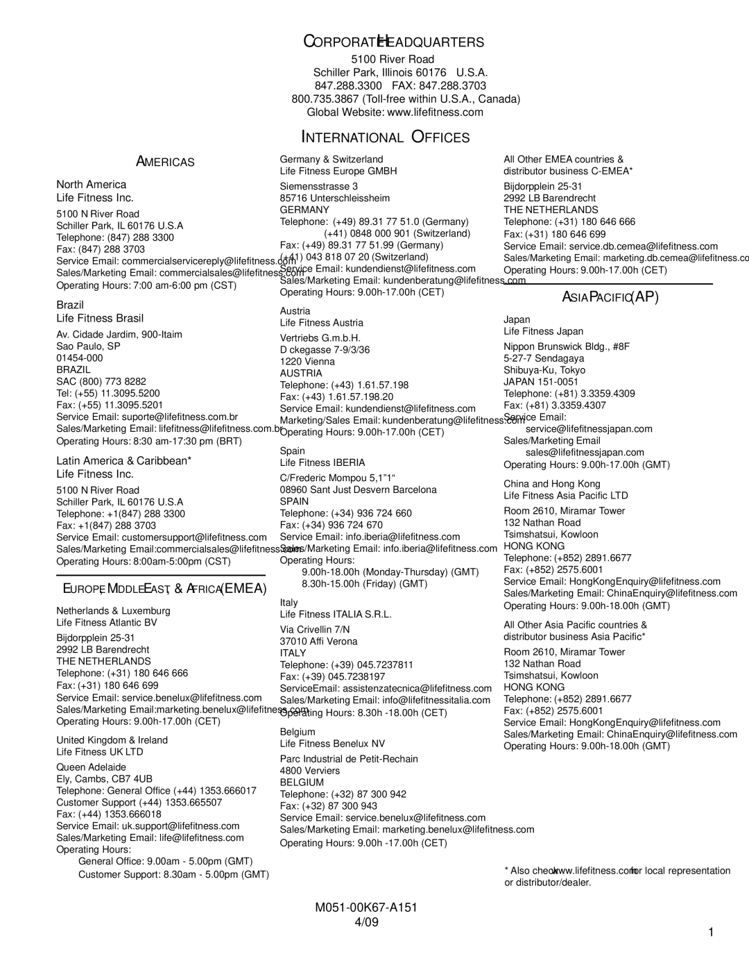 Life Fitness M051-00K67-A151 operation manual Corporate Headquarters, International Offices 