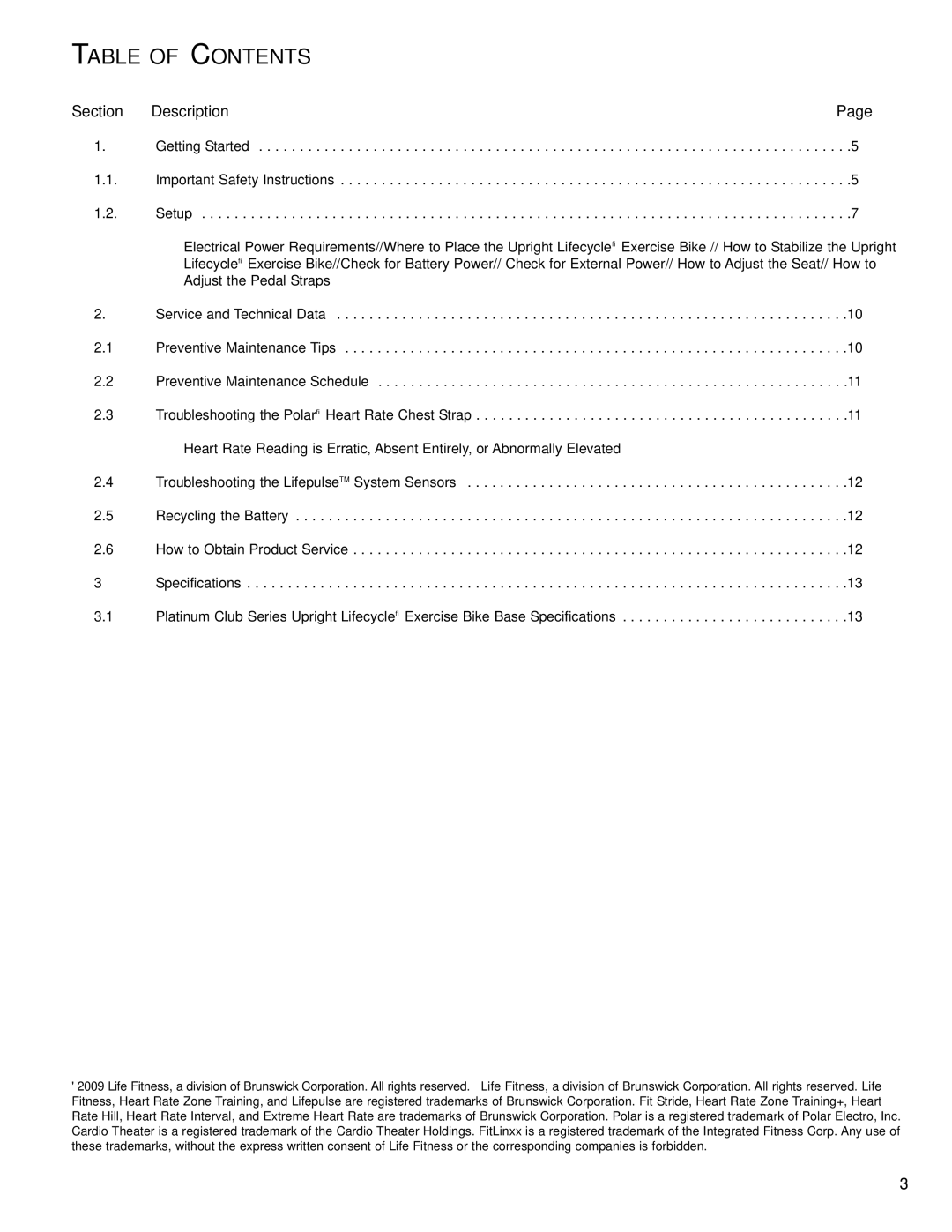 Life Fitness M051-00K67-A151 operation manual Table of Contents 