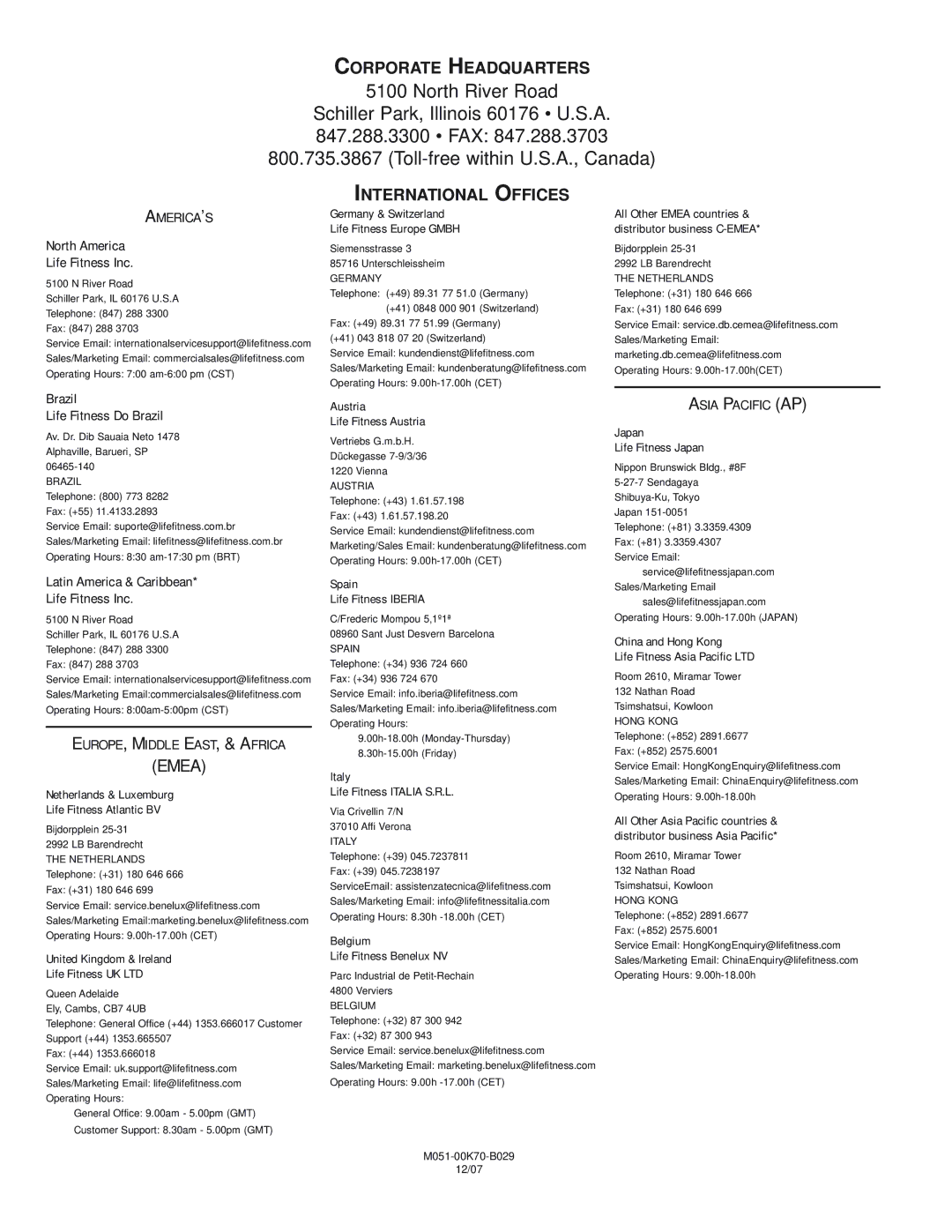 Life Fitness M051-00K70-B029 operation manual Corporate Headquarters, International Offices 