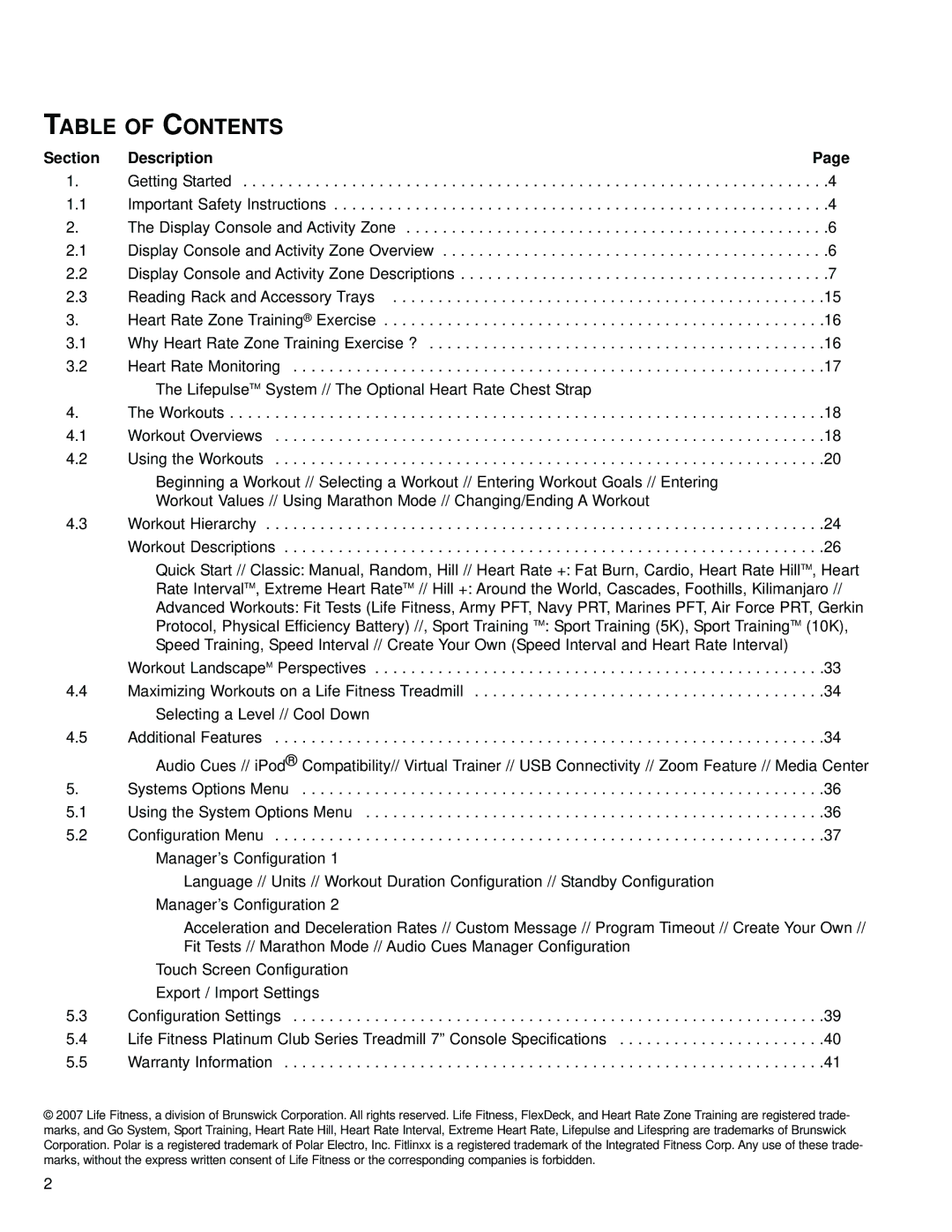 Life Fitness M051-00K70-B029 operation manual Table of Contents 