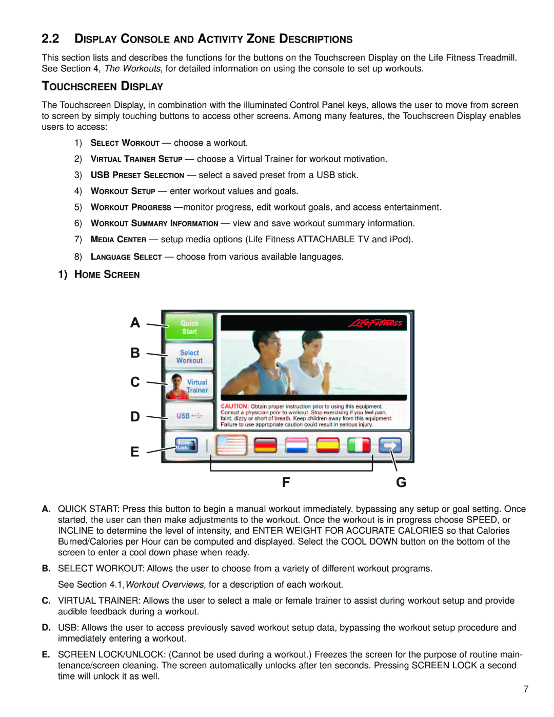 Life Fitness M051-00K70-B029 operation manual Display Console and Activity Zone Descriptions, Touchscreen Display 