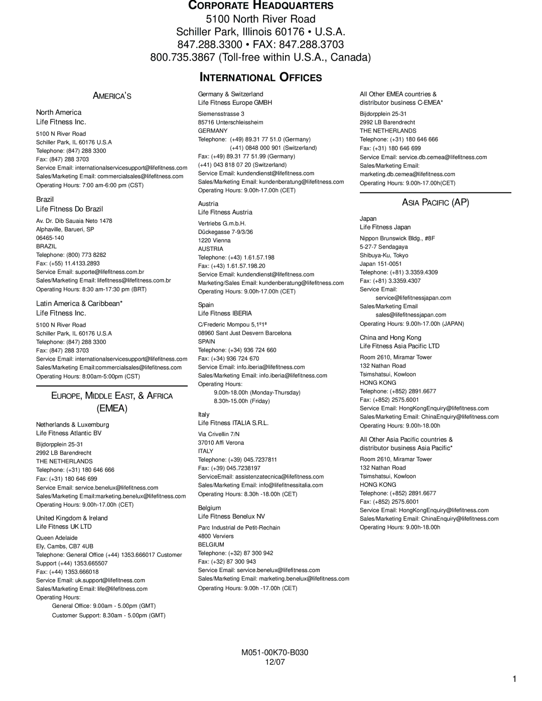 Life Fitness M051-00K70-B030 operation manual Corporate Headquarters, International Offices 