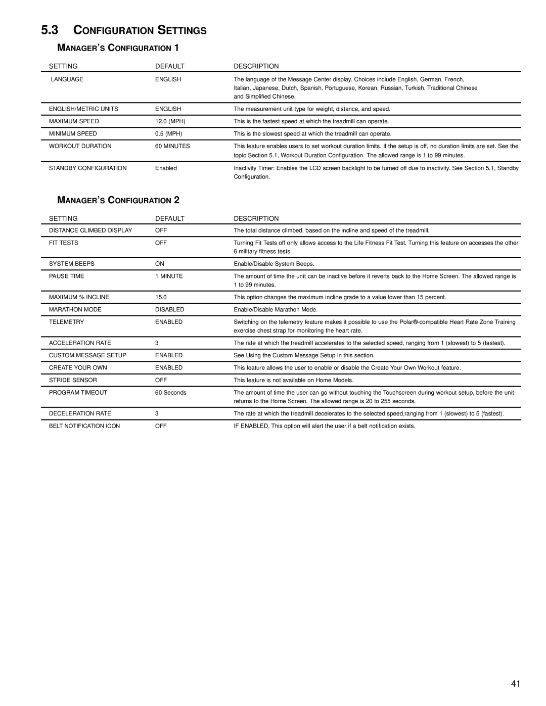 Life Fitness M051-00K70-B030 operation manual Configuration Settings, Setting Default Description 