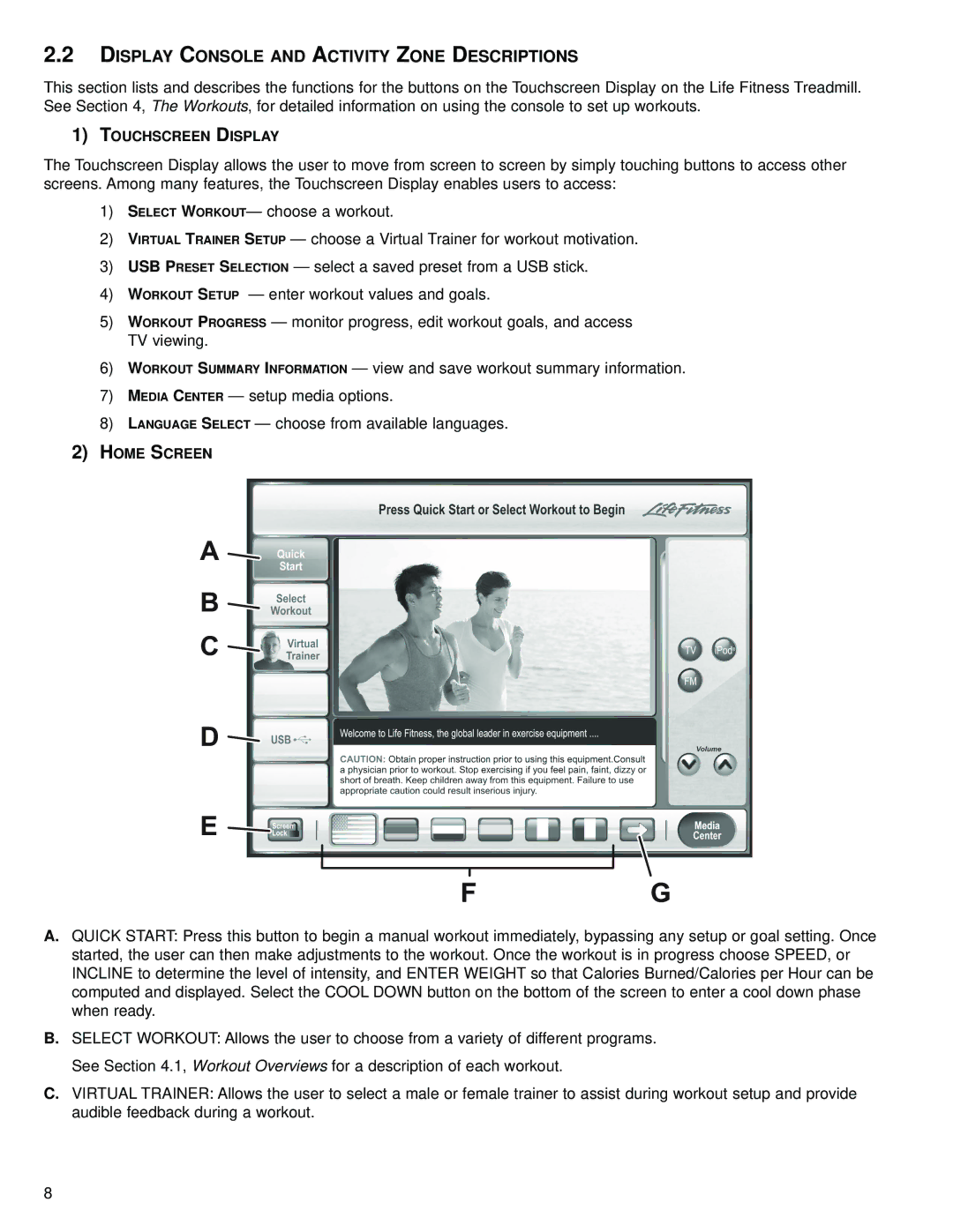 Life Fitness M051-00K70-B030 operation manual Display Console and Activity Zone Descriptions 