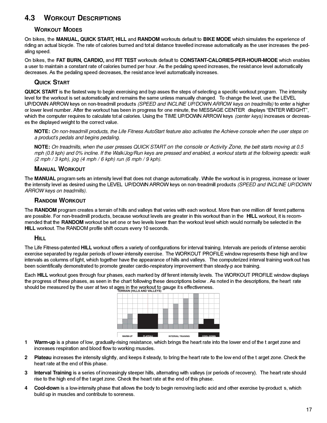 Life Fitness M051-00K70-C031 operation manual Workout Descriptions, Hill 