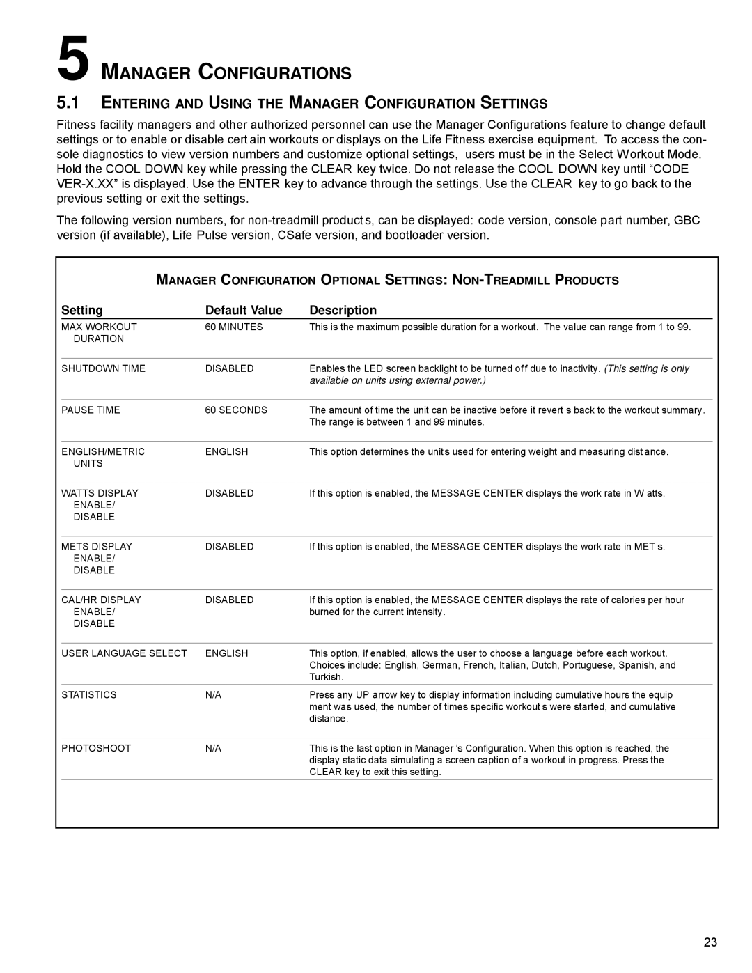 Life Fitness M051-00K70-C031 operation manual Manager Configurations, Entering and Using the Manager Configuration Settings 