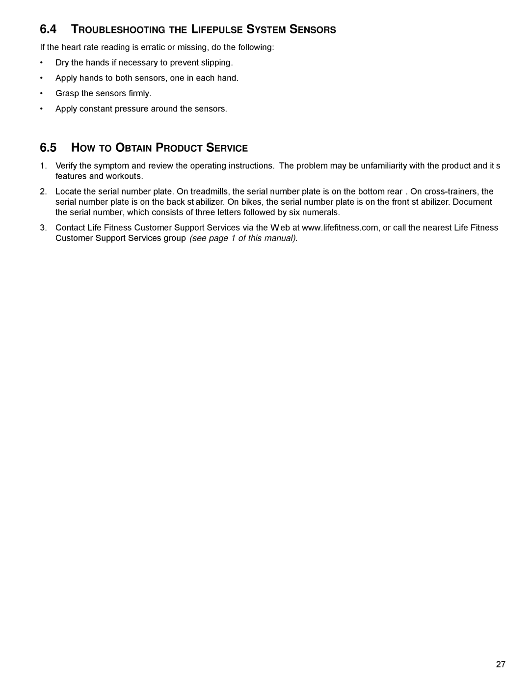 Life Fitness M051-00K70-C031 operation manual Troubleshooting the Lifepulse System Sensors, HOW to Obtain Product Service 